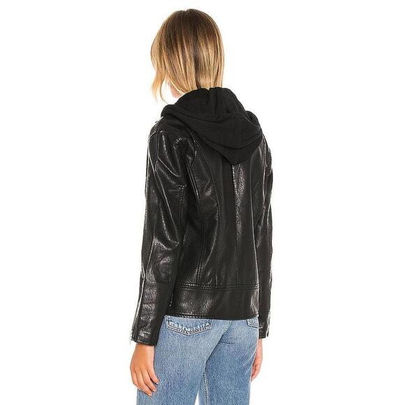 Blank NYC Oversized Hooded Faux Leather Moto Jacket Raise the Bar Black Small - Picture 4 of 10